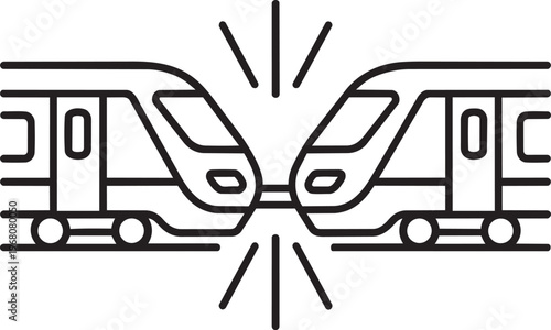 Linear style vector graphic icon showing two railway trains crashing head on in public transport accident