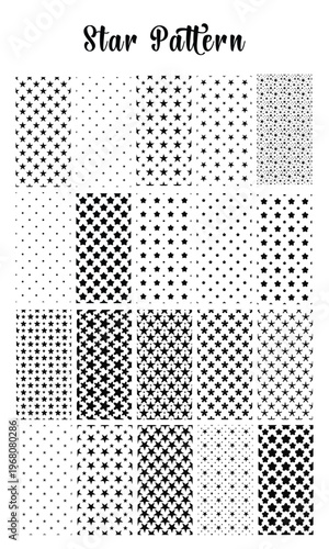 Star Pattern Set, Seamless Bold Scattered Mixed Size Geometric Star Repeat Background, Monochrome Star Tile Print Surface Pattern Design, High Resolution Vector Illustration