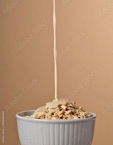 Milk pouring onto oats in bowl against neutral background
