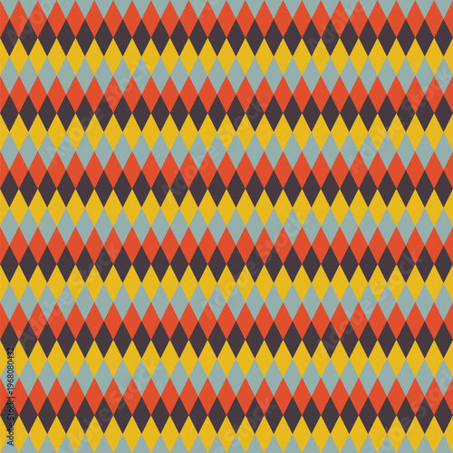 Seamless pattern created from rows of blue-grey, yellow, orange and brown diamonds