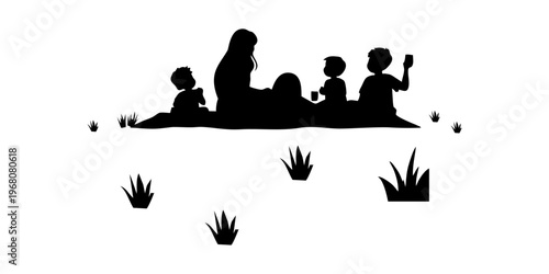 silhouette of a family having a picnic on a white background
