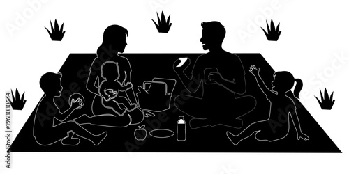 silhouette of a family having a picnic on a white background