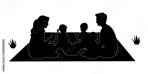 silhouette of a family having a picnic on a white background