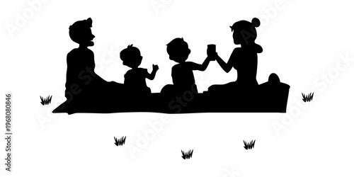 silhouette of a family having a picnic on a white background