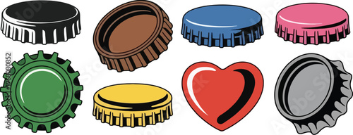 Colorful Bottle Caps Vector Set, Collection of Metal Drink Cap Elements Isolated on White Background, Soda and Beverage Packaging Symbols for Branding, Graphic Design, and Label Projects