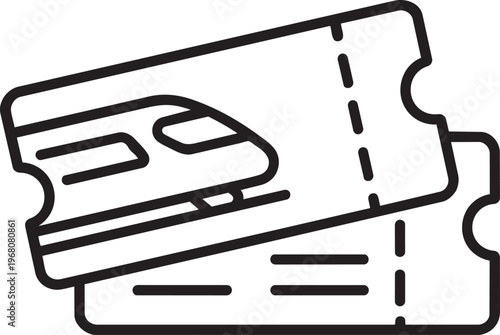 Two railway travel tickets with train graphic linear illustration icon for public passenger transportation booking system