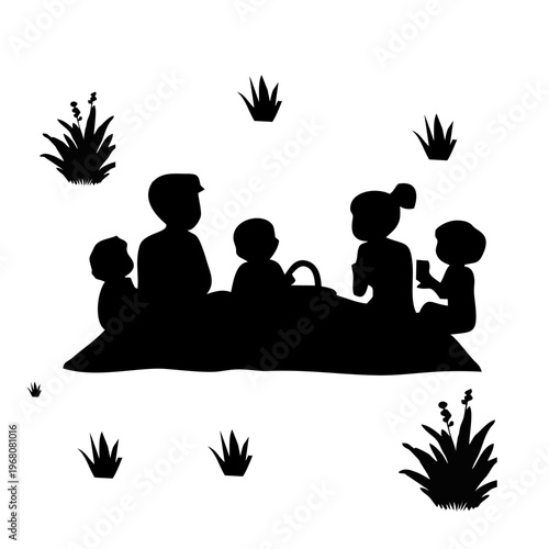 silhouette of a family having a picnic on a white background