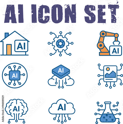 AI Icon Set: An assortment of modern, colorful icons showcases the broad scope of Artificial Intelligence, each element representing a facet of this cutting-edge technology. 