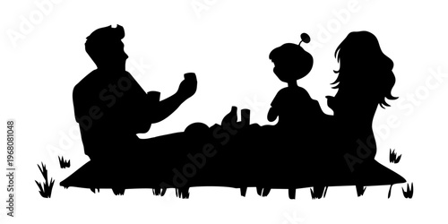 silhouette of a family having a picnic on a white background