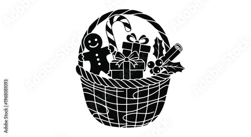 A festive Christmas gift basket overflowing with holiday treats like a gingerbread man, candy cane, and wrapped presents.