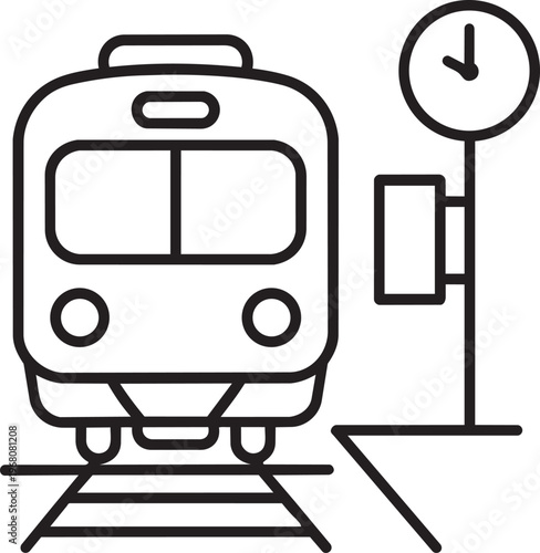 Outline vector icon of modern public passenger train waiting at station platform with scheduling clock timer