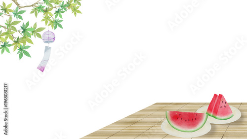 Foto Watercolor Japanese Summer Scene with Watermelon, Wind Chime and Green Maple Leaves