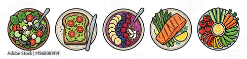 A colorful flat illustration displays five distinct healthy meal options including a Greek salad, avocado toast, acai bowl, salmon with asparagus, and a vegetable platter with dip.
