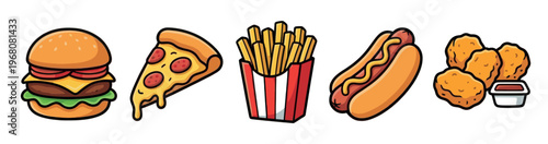 A colorful vector illustration of popular fast food items including a burger, pizza, french fries, hot dog, and chicken nuggets on a white background.