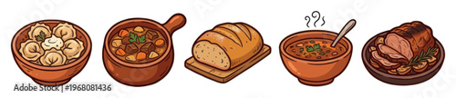 A charming hand-drawn illustration features a rustic collection of traditional foods, including hearty stew, dumplings, crusty bread, and roasted meat, set against a white background.