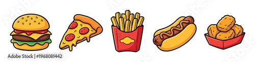 A colorful cartoon illustration of popular fast food items including a burger, pizza slice, french fries, hot dog, and chicken nuggets arranged in a row against a white background.