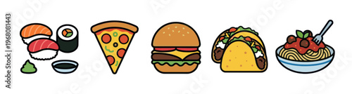 A vibrant collection of popular fast food and international dishes, depicted as simple flat icons against a clean white background, perfect for culinary concepts.