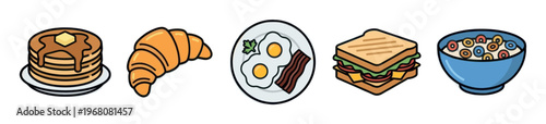 A fun and colorful collection of illustrated breakfast icons including pancakes, croissant, eggs and bacon, sandwich, and cereal on a white background.