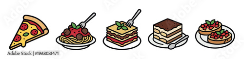 A simple cartoon illustration featuring a collection of classic Italian dishes including pizza, spaghetti with meatballs, lasagna, tiramisu, and bruschetta presented on white plates.