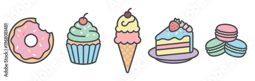 A delightful flat design illustration featuring a variety of colorful, cartoon-style desserts including a donut, cupcake, ice cream cone, cake slice, and macarons on a white background.