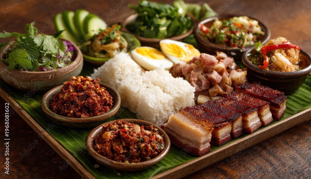 Obraz premium Traditional Indonesian Nasi Uduk Meal with Various Side Dishes.