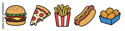A whimsical and colorful illustration featuring a collection of popular fast food items including a burger, pizza slice, french fries, hot dog, and chicken nuggets.