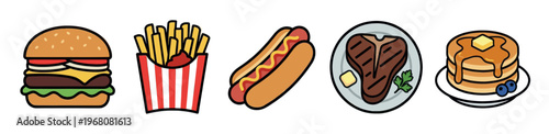 A collection of diverse food icons including a burger, fries, hot dog, steak, and pancakes on a white background, perfect for menus or apps.