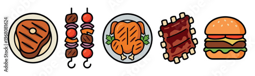 A set of flat, cartoon-style icons depicting various barbecue foods including steak, kebabs, roast chicken, ribs, and a hamburger.