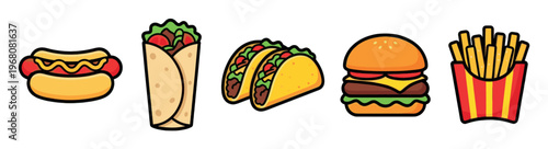 A collection of stylized, flat icons depicting various popular fast foods including a hot dog, burrito, tacos, burger, and french fries, isolated on a white background.