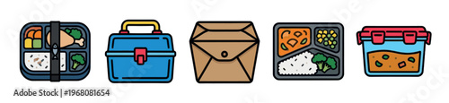 A collection of five diverse food containers including bento boxes, a classic lunch pail, and a takeout container, showcasing various meal packaging options.