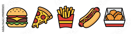 A collection of flat design icons featuring popular fast food items including a hamburger, pizza slice, french fries, hot dog, and chicken nuggets against a clean white background.