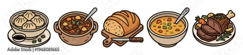 A flat illustration showcasing a variety of delicious food items, including dumplings, stew, bread, soup, and roasted meat, presented against a white background.