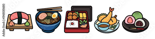 A vibrant collection of five traditional Japanese dishes presented as clean, colorful vector illustrations on a pure white background, showcasing sushi, ramen, bento, tempura, and mochi.