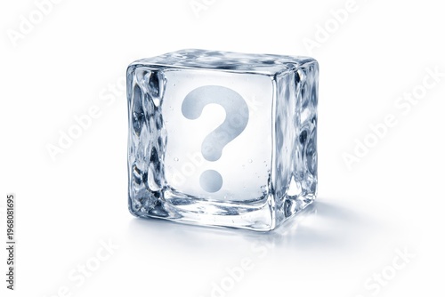 crystal clear ice cube frosted question mark symbol suspended isolated white background