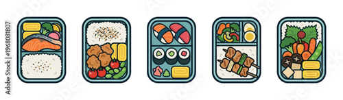 Five vibrant illustrated Japanese bento boxes showcase diverse, nutritious meals featuring salmon, sushi, yakitori, rice, and fresh vegetables for wholesome eating.