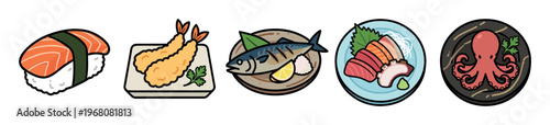A colorful and stylized vector illustration showcases a variety of popular Japanese dishes including sushi, tempura, grilled fish, sashimi, and octopus.