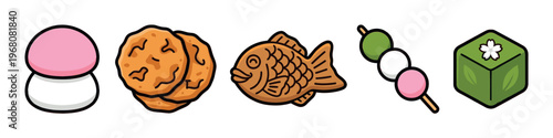 A vibrant illustration showcases a collection of traditional Japanese sweets including Taiyaki, Dango, and Sakuramochi, isolated on a clean white background, perfect for cultural menus or food blogs.