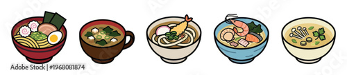 Five distinct bowls of popular Japanese cuisine, including ramen, miso, and udon, are illustrated in a vibrant vector style on a white background, perfect for menus or digital content.