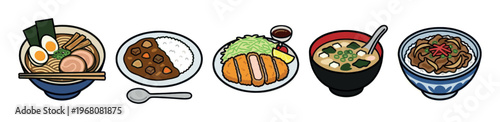 A vibrant vector illustration showcases a top-down view of five popular Japanese dishes including ramen, curry, tonkatsu, miso soup, and gyudon, presented cleanly on a white background.