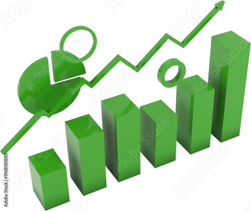 The investment bar graph features green bars and an upward-pointing arrow on a white background. ,3d rendering