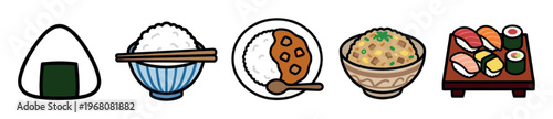 A collection of popular Japanese cuisine illustrations featuring sushi, onigiri, curry, and rice dishes with a simple, cartoonish style and bold outlines, isolated on white.