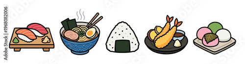 A vibrant and clean flat illustration showcases a variety of popular Japanese foods including sushi, ramen, onigiri, tempura, and mochi against a white background.