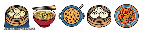 A colorful illustration features a row of five popular Asian dishes including dumplings in steamers, a noodle soup, fried rice, and a sweet and sour dish.