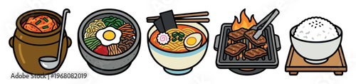 A vibrant, cartoon-style illustration showcases a collection of popular Korean dishes including kimchi, bibimbap, ramen, grilled meat, and rice, perfect for culinary themes.