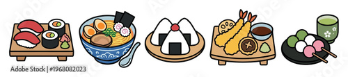 A charming collection of colorful, flat illustration style Japanese food items including sushi, ramen, onigiri, tempura, and dango, perfect for culinary themes.
