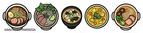A top-down cartoon illustration showcases five distinct bowls of Asian noodle soup, each with unique ingredients, set against a white background for versatility.