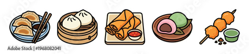 A vibrant collection of cartoon-style icons featuring popular Asian dishes like dumplings, bao buns, spring rolls, mochi, and skewers, perfect for menus or food blogs.