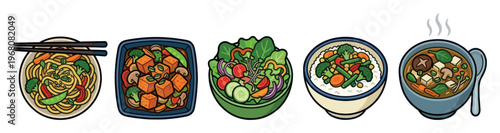 A colorful flat illustration showcases five different Asian dishes, including noodles, tofu stir fry, salad, rice with vegetables, and soup, presented on a white background.
