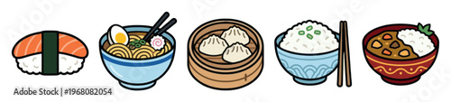 A collection of colorful, flat illustration style icons representing popular Japanese and Asian dishes, perfect for menus, food blogs, or restaurant branding.
