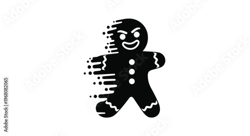 Gingerbread man illustration dissolving into digital particles against a white background.
